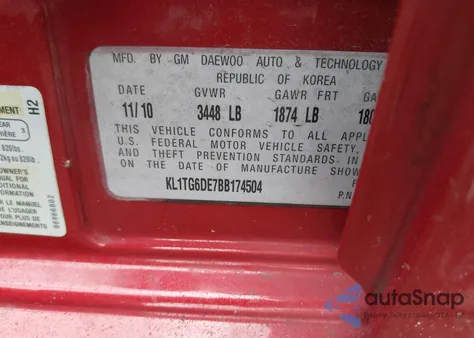 2011 Chevrolet Aveo 2Lt from USA, damaged, VIN KL1TG6DE7BB174504